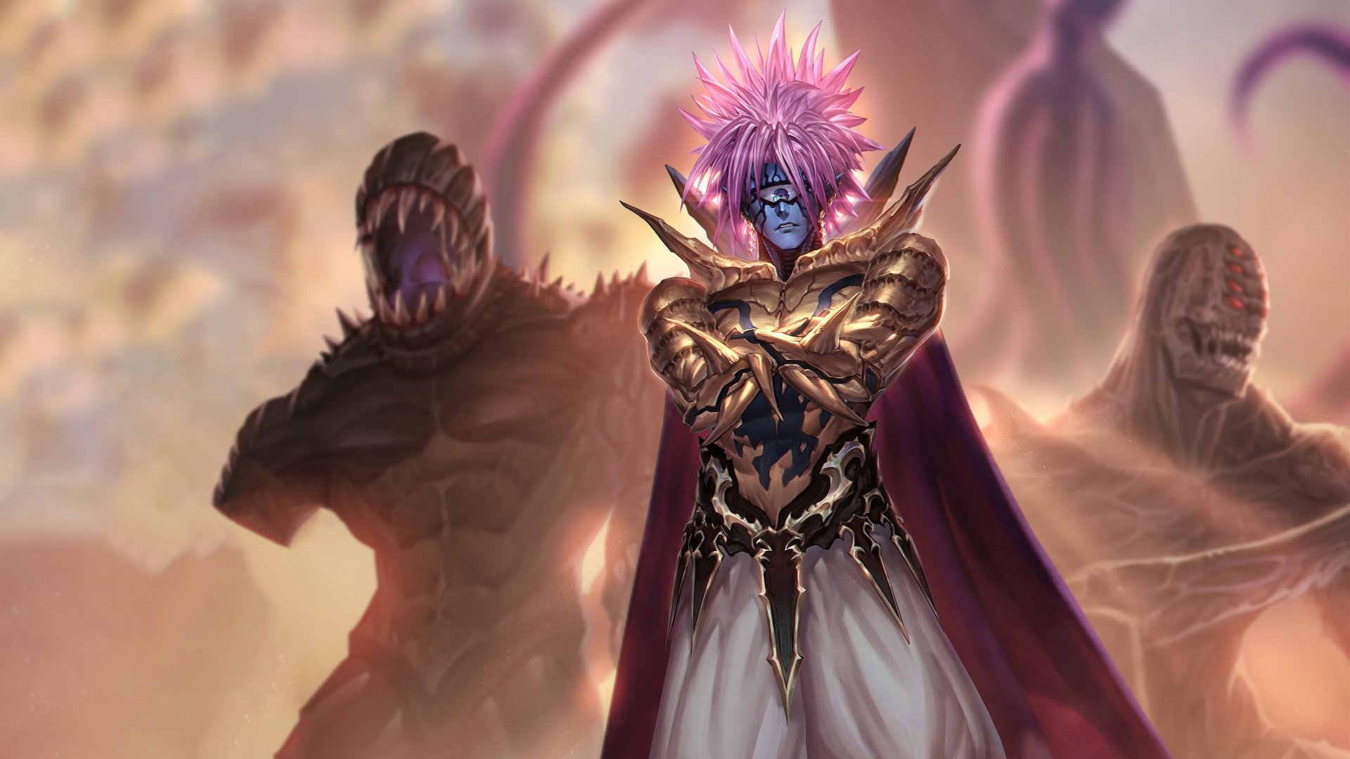 Lord Boros from One-Punch Man stands confidently in golden armor with glowing pink hair, backed by two monstrous figures, rendered in 4K Ultra HD anime style.