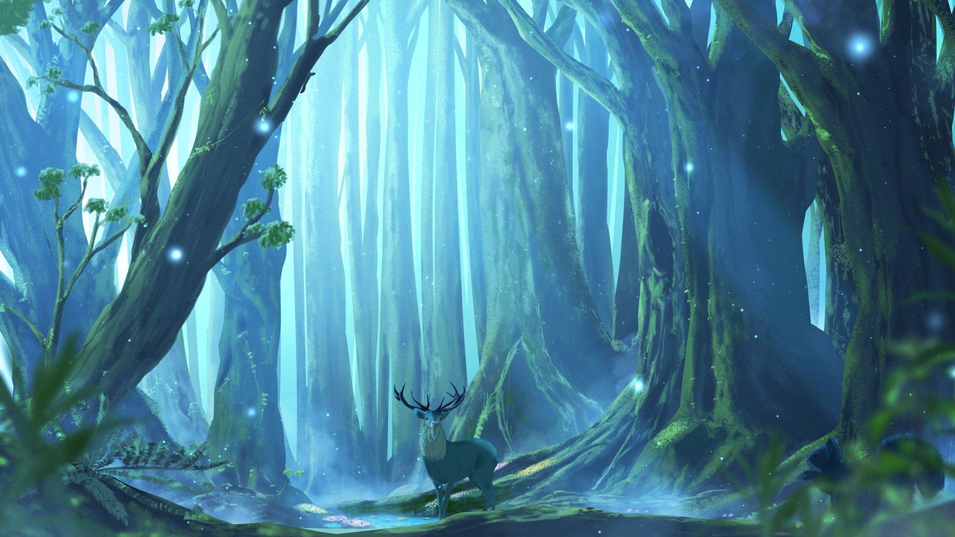 A majestic deer stands in an enchanted, misty forest with towering trees, depicted in a vibrant fantasy style for a 4K Ultra HD PC desktop wallpaper.