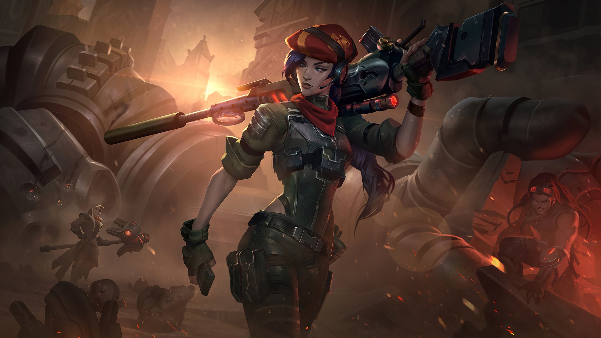 4K Ultra HD desktop wallpaper featuring Caitlyn from the video game League of Legends, poised with her signature rifle in a dramatic industrial battlefield setting.