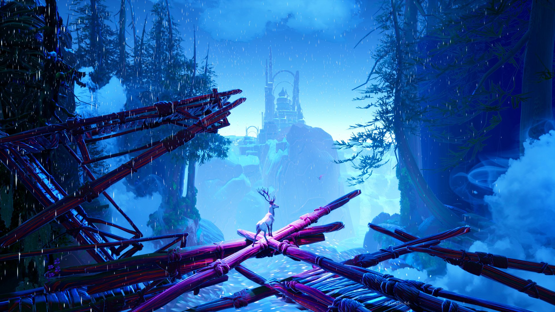 HD desktop wallpaper featuring a fantasy scene with a majestic deer standing on futuristic, glowing beams amidst a mystical forest backdrop with towering structures in the distance.