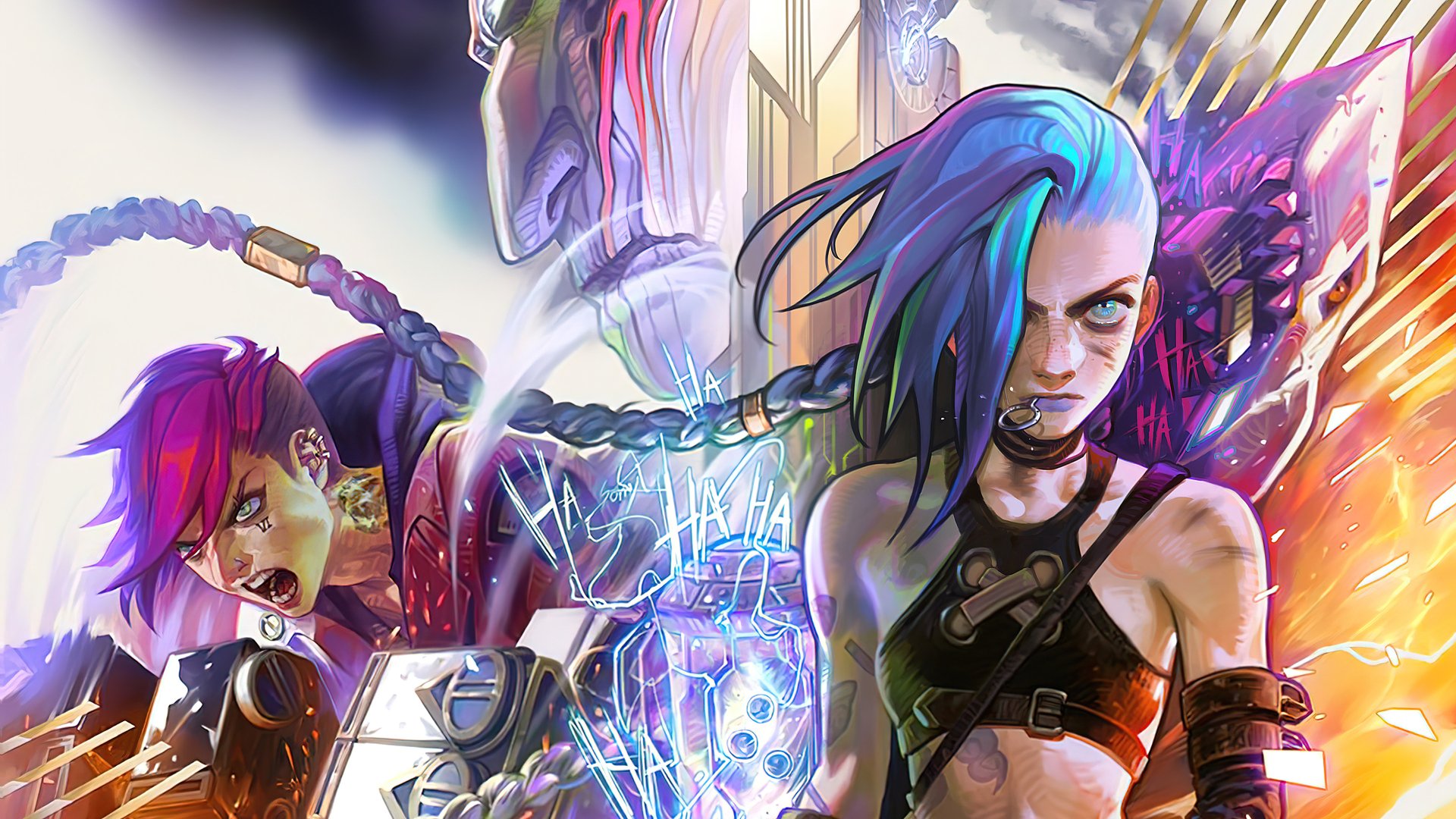 4K Ultra HD wallpaper featuring Vi and Jinx from the TV show Arcane, set in a dynamic, colorful League of Legends-inspired scene.