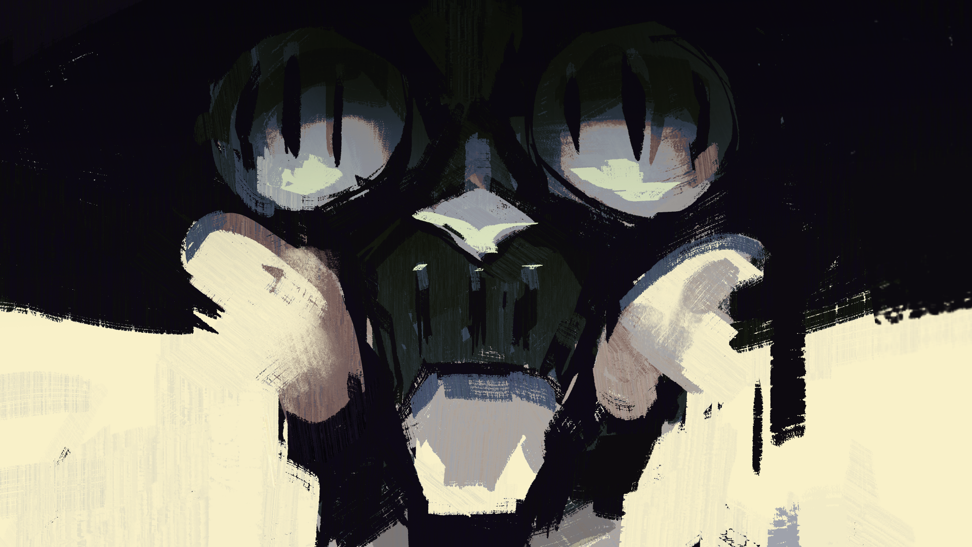 Disco Elysium video game art: dark, painterly skull/gasmask with glowing lenses and bold brushstrokes — 4K Ultra HD PC desktop wallpaper/background.