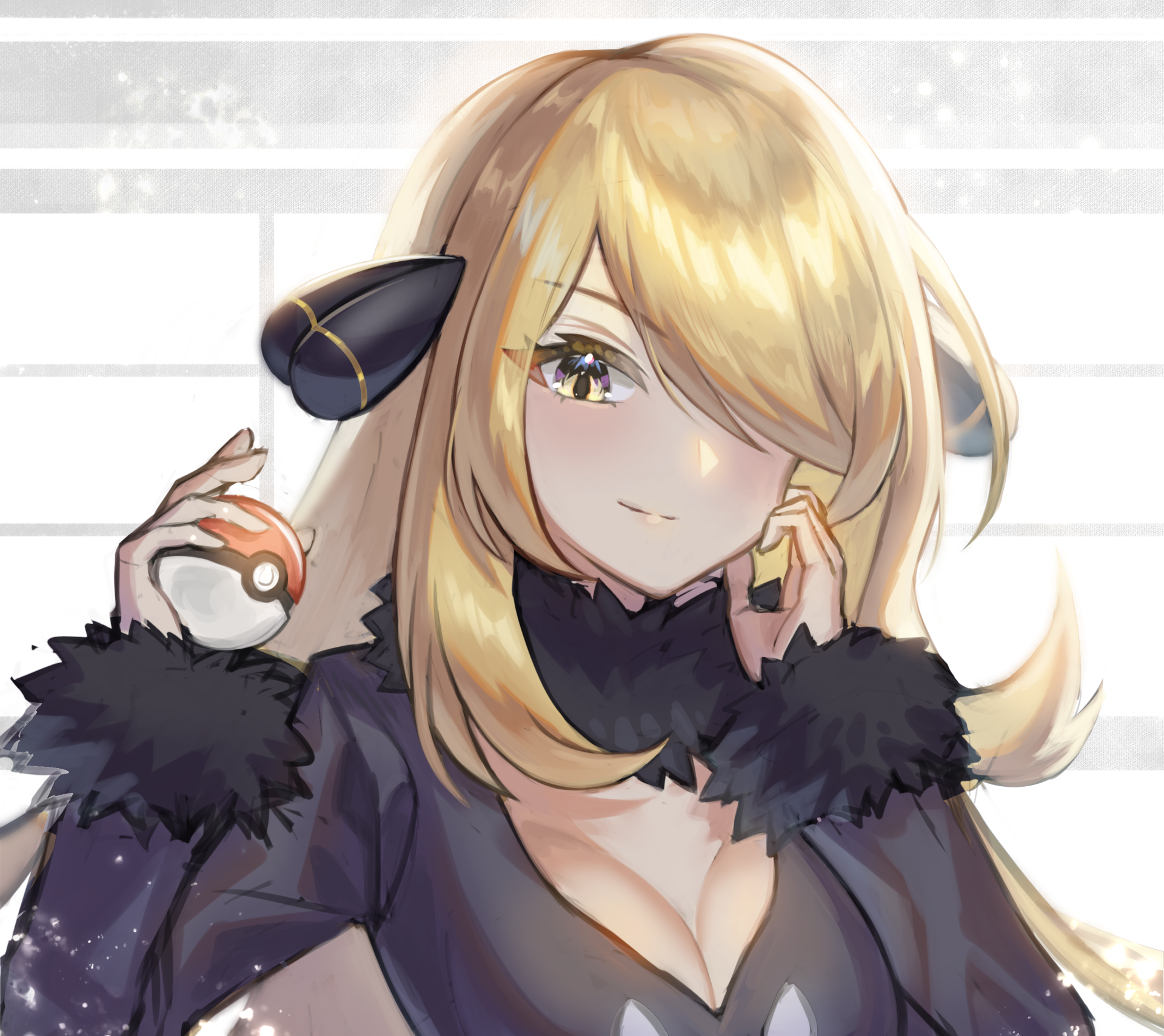 HD anime wallpaper featuring Cynthia from Pokémon holding a Pokéball, with soft lighting and detailed character design as a PC desktop background.