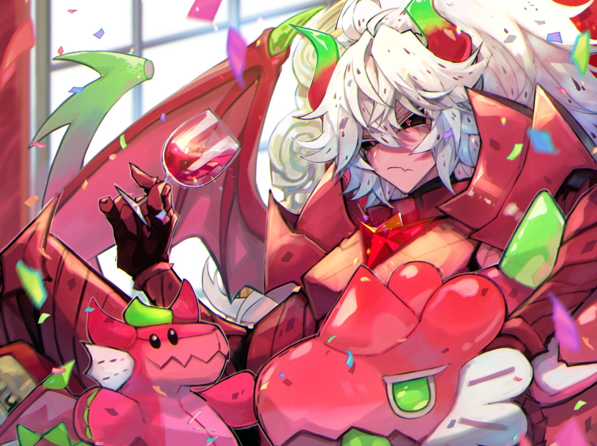 HD PC desktop wallpaper of Pitaya Dragon Cookie (Cookie Run: OvenBreak) — anime-style game art of the red-armored dragon cookie with white hair, dragon plush, wine glass, and confetti.