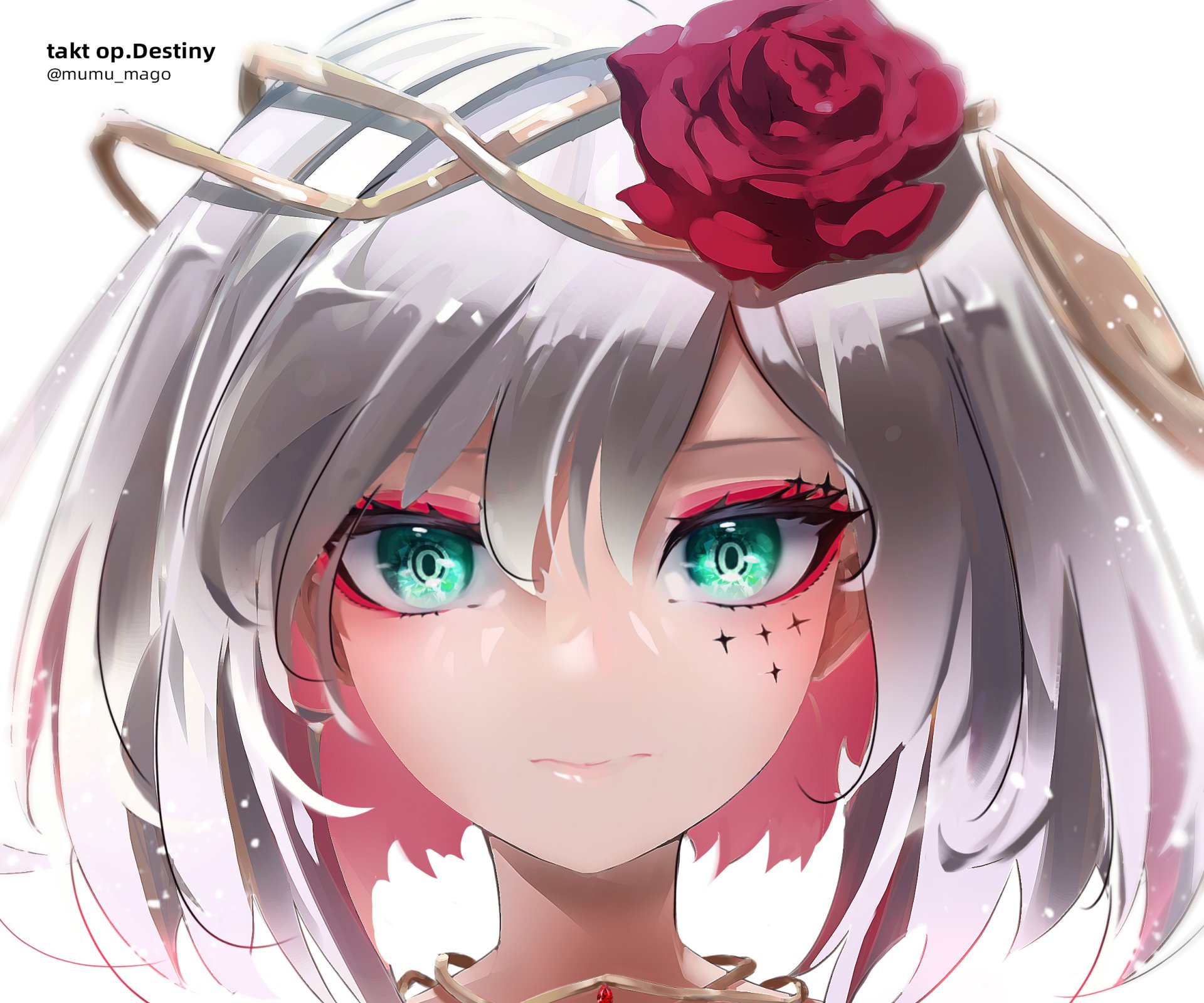 Close-up of Destiny from Takt Op. Destiny anime with vivid turquoise eyes, silver hair, and a red rose headpiece in an HD PC desktop wallpaper and background.