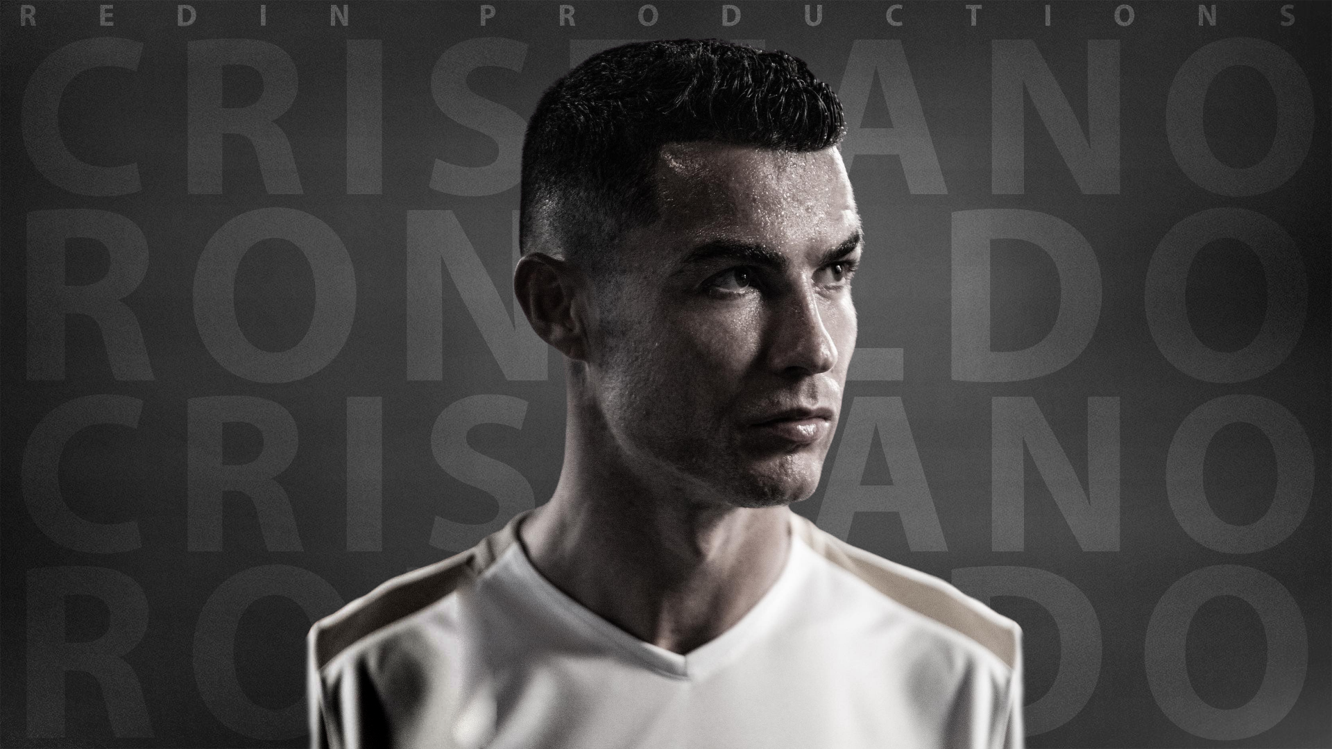 Cristiano Ronaldo in a high-resolution 4K Ultra HD sports-themed PC desktop wallpaper with his name repeated in the background.