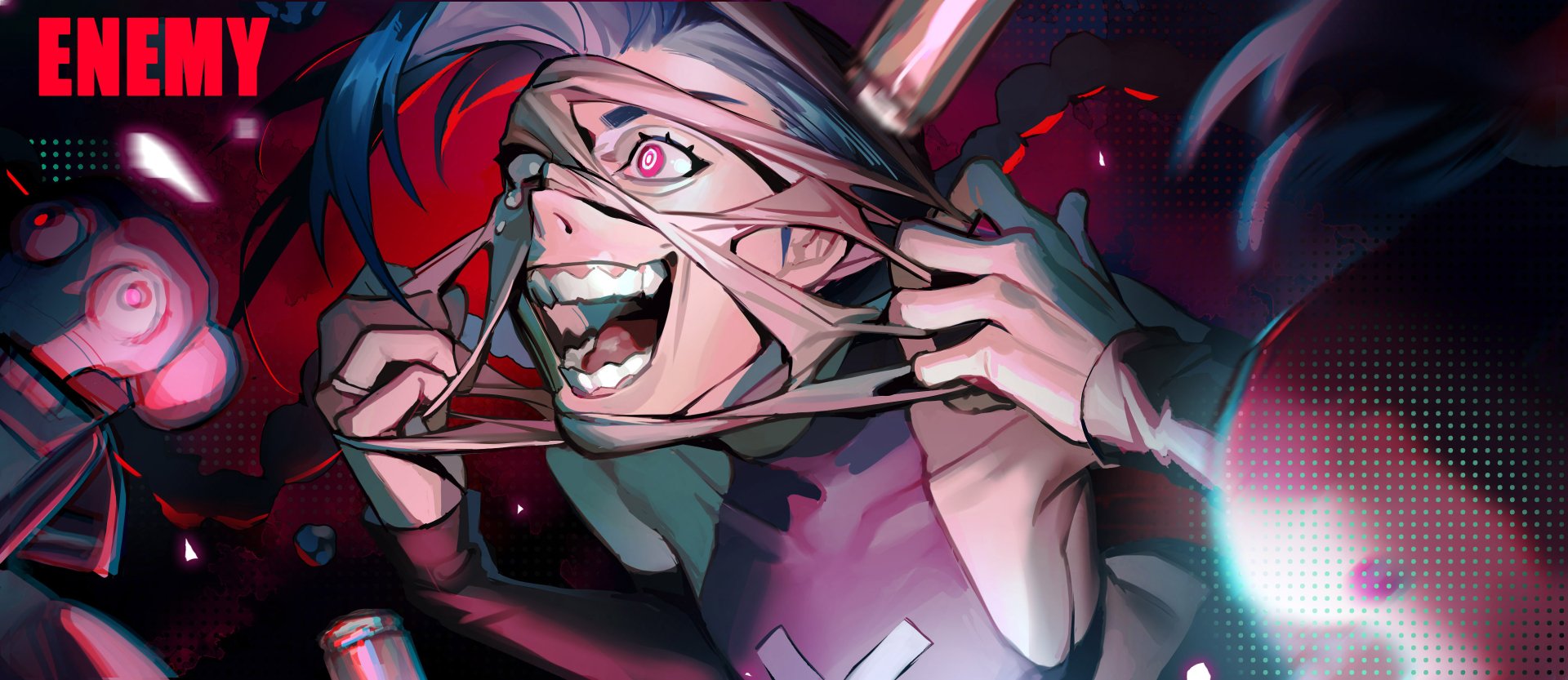 Jinx (League of Legends) from the Arcane TV show: neon 2K Quad HD PC wallpaper of a blue‑haired, wide‑grinning Jinx tearing at facial wrappings, eyes glowing against a red and blue backdrop.