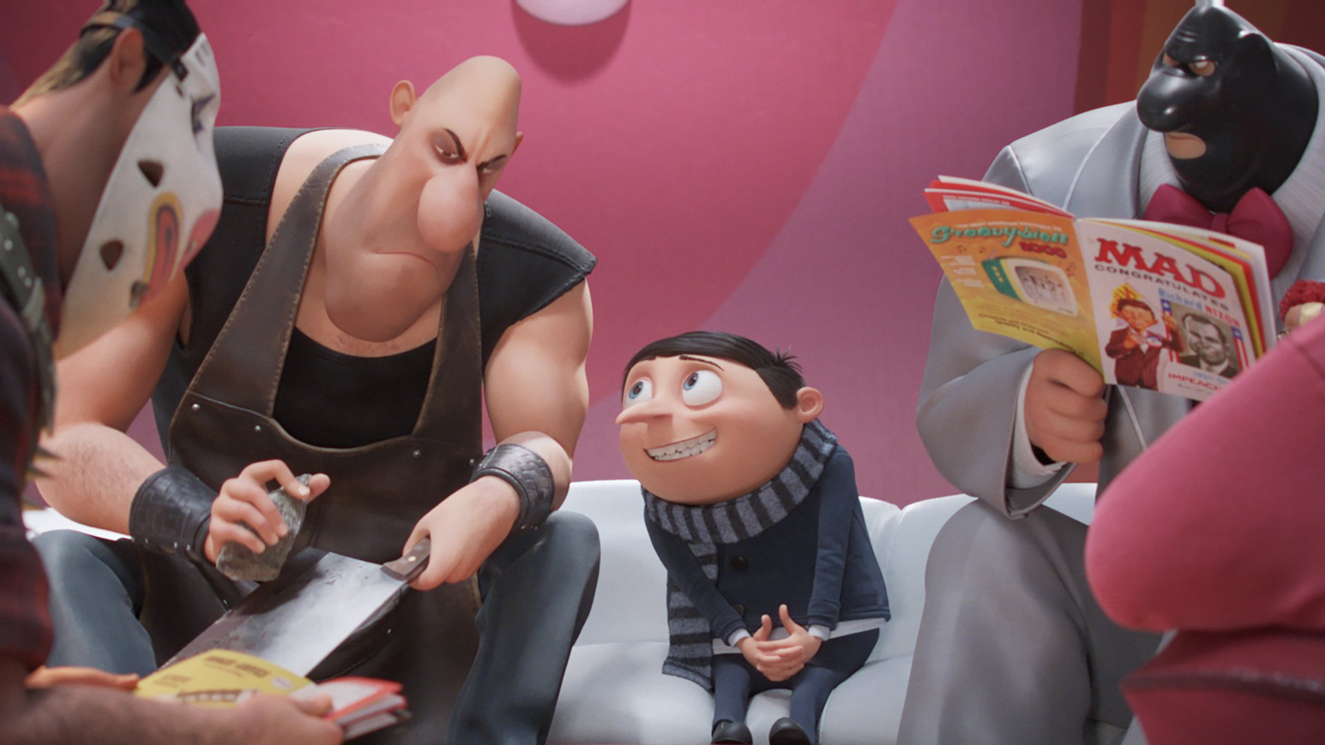 HD PC desktop wallpaper from Minions: The Rise of Gru featuring Gru and other characters in a colorful, animated scene from the Despicable Me movie series.