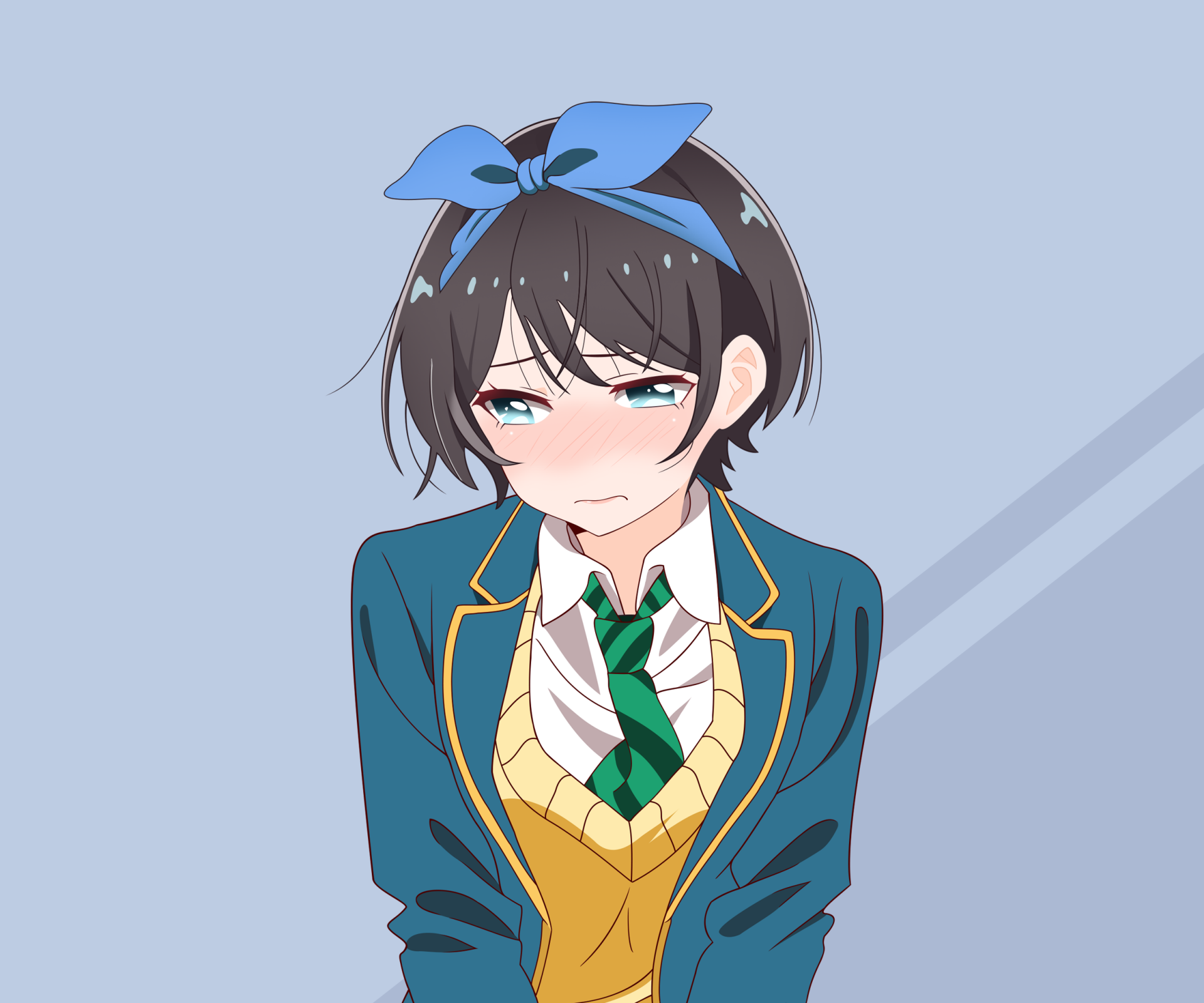 HD PC desktop wallpaper featuring Ruka Sarashina from the anime Rent-A-Girlfriend, depicted with a blue bow and school uniform against a simple light background.