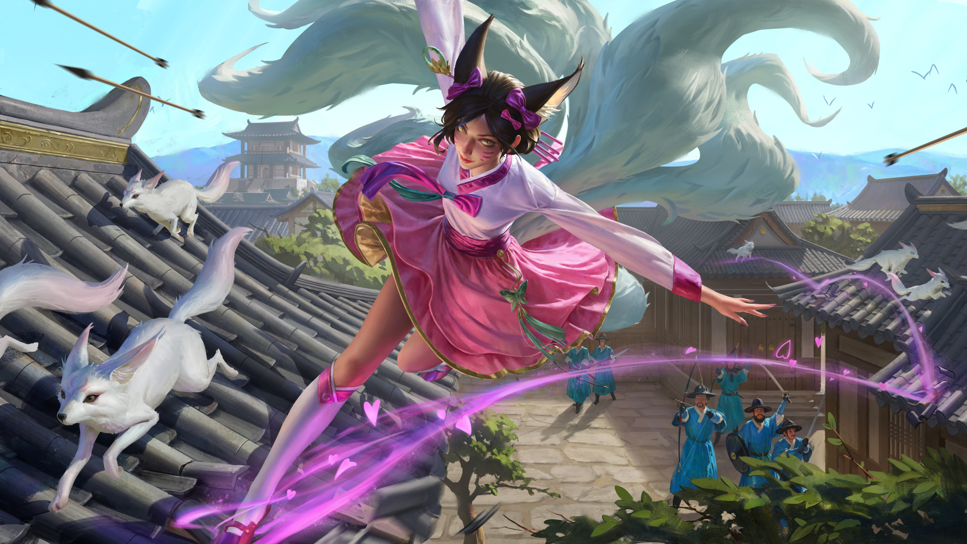 4K Ultra HD desktop wallpaper featuring Ahri from League of Legends, showcasing her in a dynamic pose with glowing magical effects and a traditional Asian architecture background.