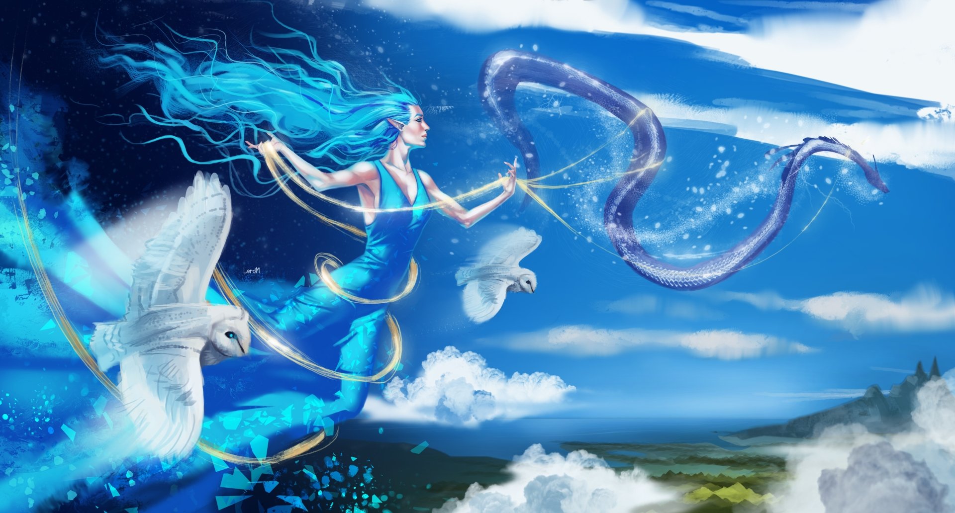 Download Chinese Dragon Owl Fantasy Sorceress 4k Ultra HD Wallpaper