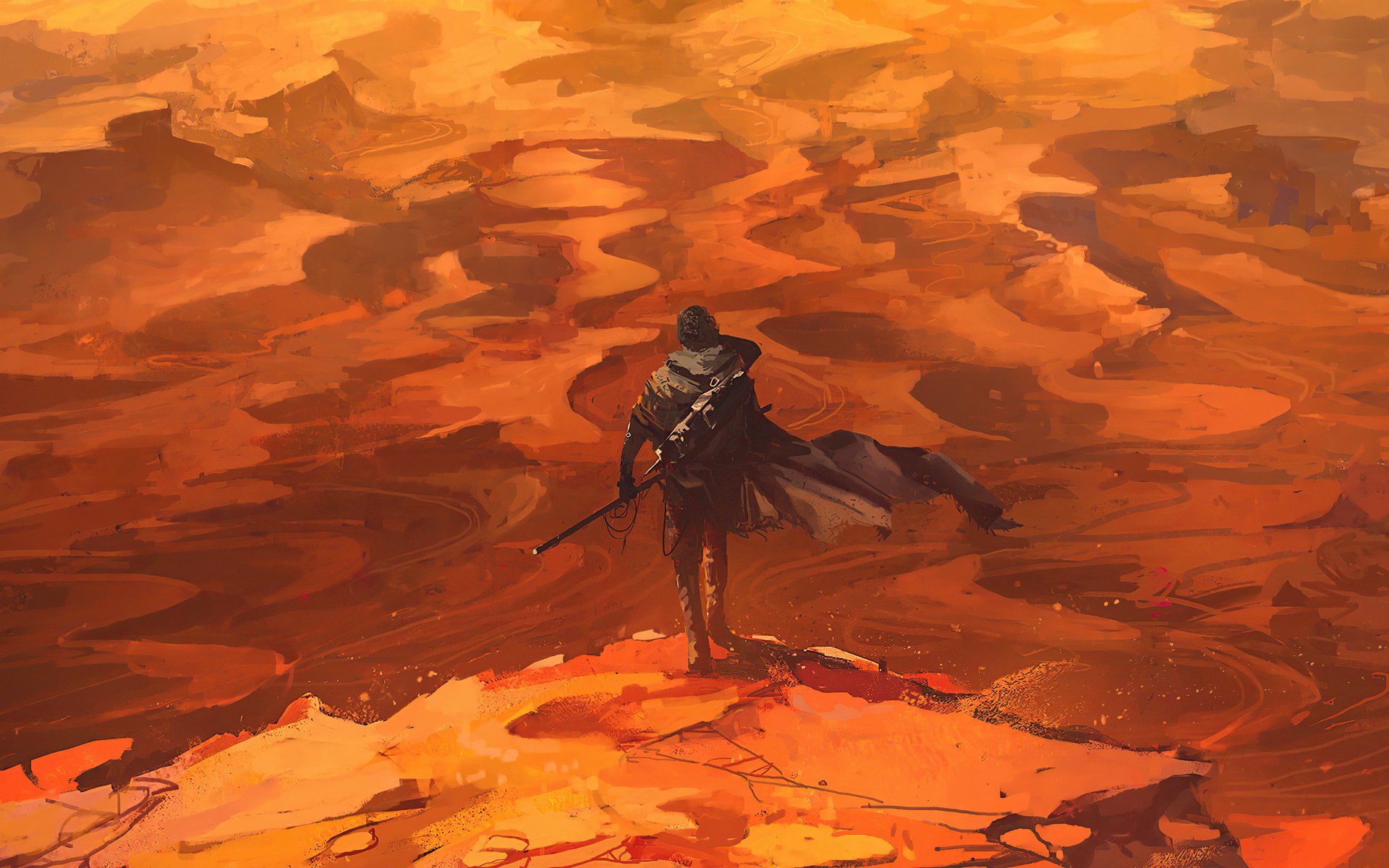 HD PC desktop wallpaper featuring a lone figure standing on a rocky outcrop in a vast, orange desert inspired by the movie Dune (2021).