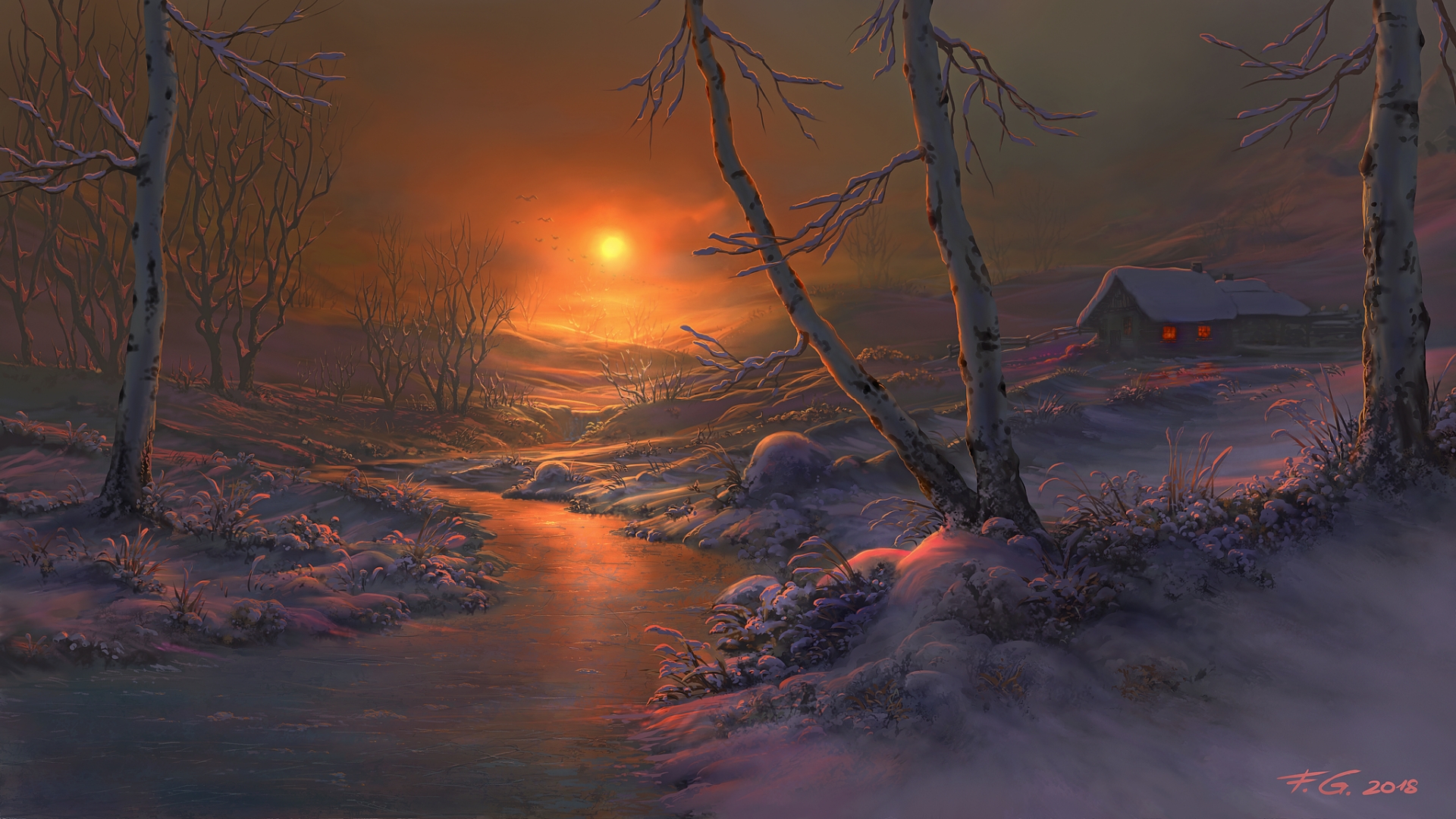 Artistic winter night landscape showing a peaceful river flowing through a snowy scene with bare trees and a cabin glowing warmly in the distance, rendered in HD for desktop wallpaper.
