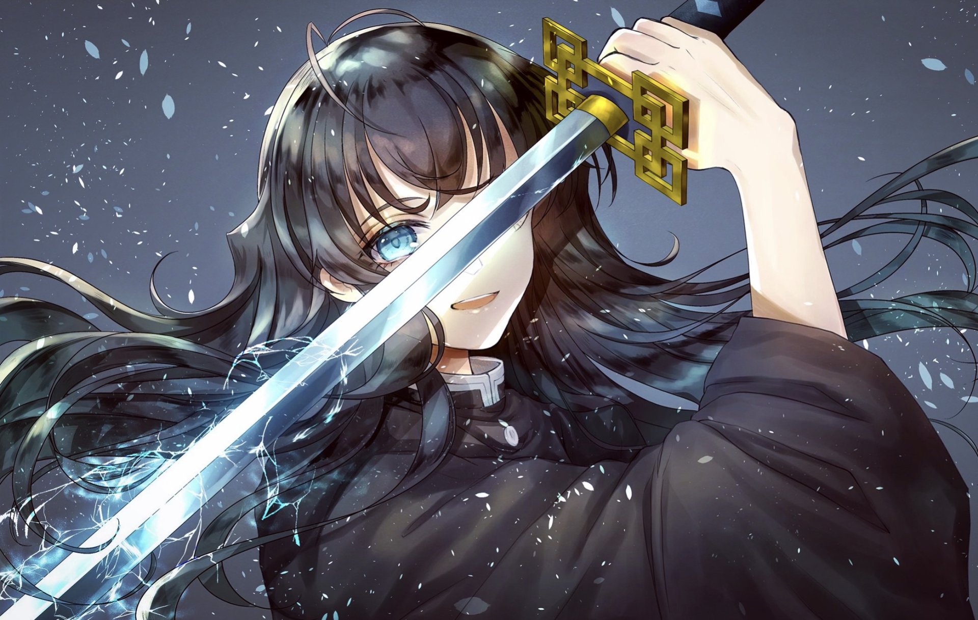 HD PC desktop wallpaper featuring Muichiro Tokito from the anime Demon Slayer: Kimetsu no Yaiba, holding a glowing sword with flowing black hair against a snowy background.