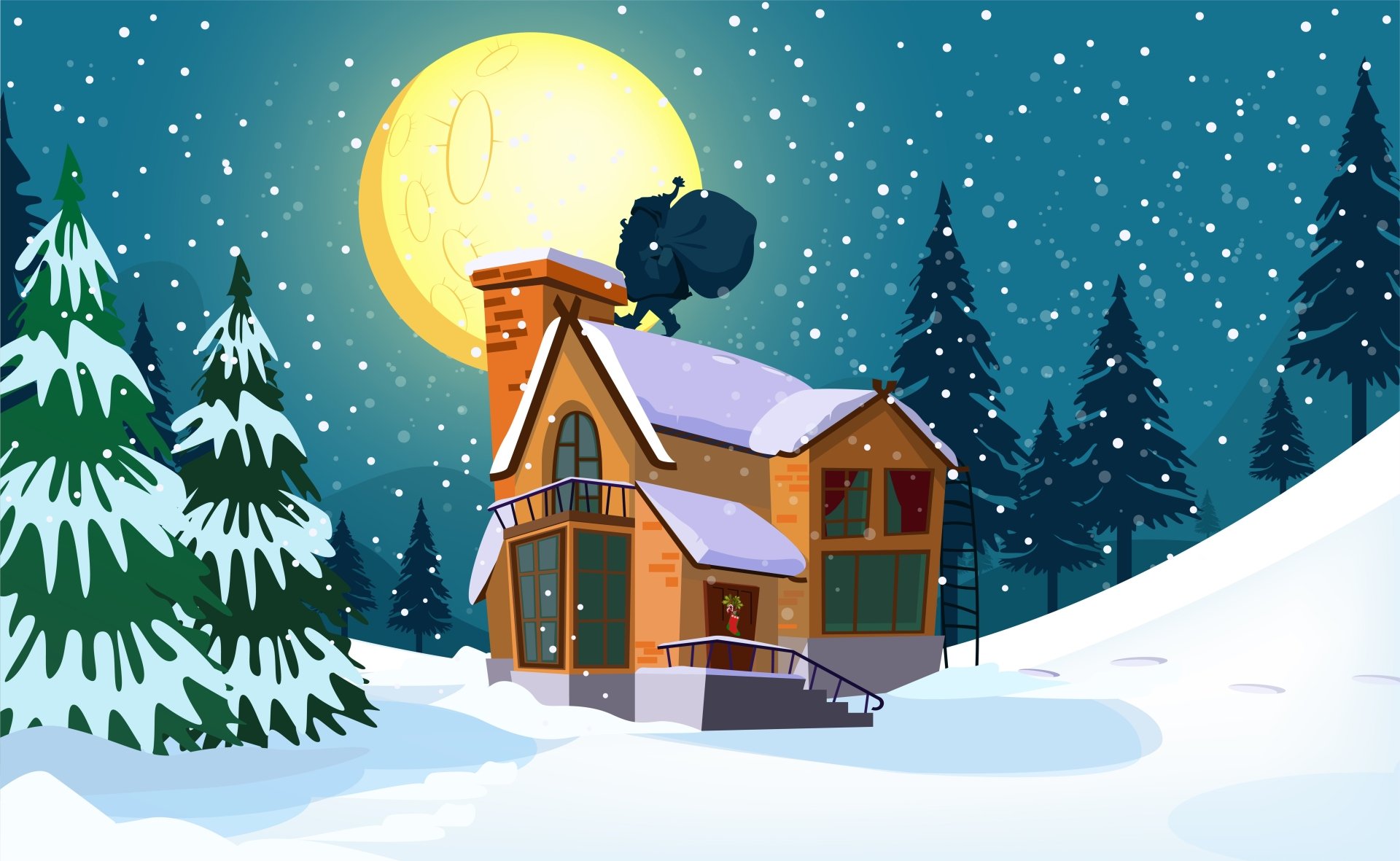 8K Ultra HD PC desktop wallpaper and background: snowy Christmas night with cozy cabin under a full moon, evergreen trees, falling snow and Santa silhouette on the chimney — festive holiday scene.