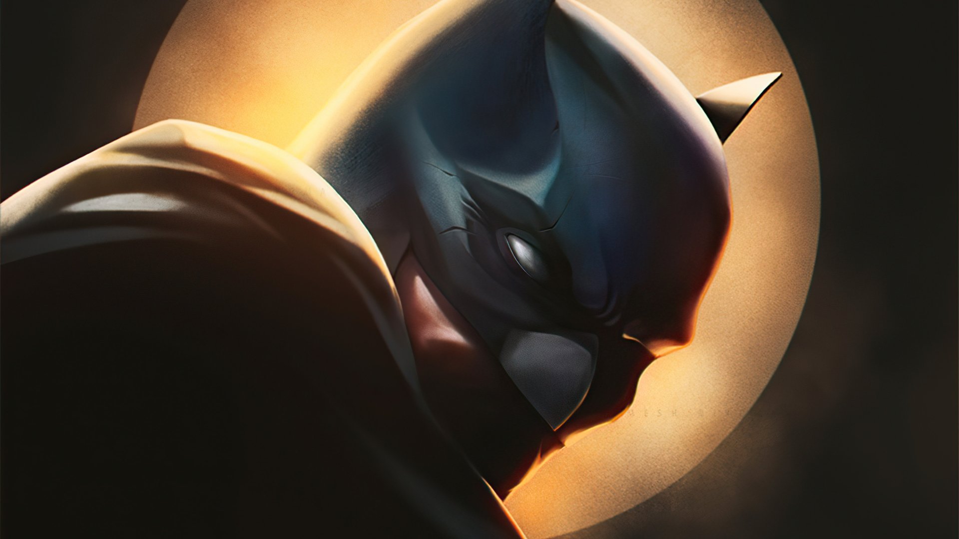 Brooding Batman from DC Comics in comic-style 4K Ultra HD PC desktop wallpaper background — cowl-lit profile against a glowing moon.