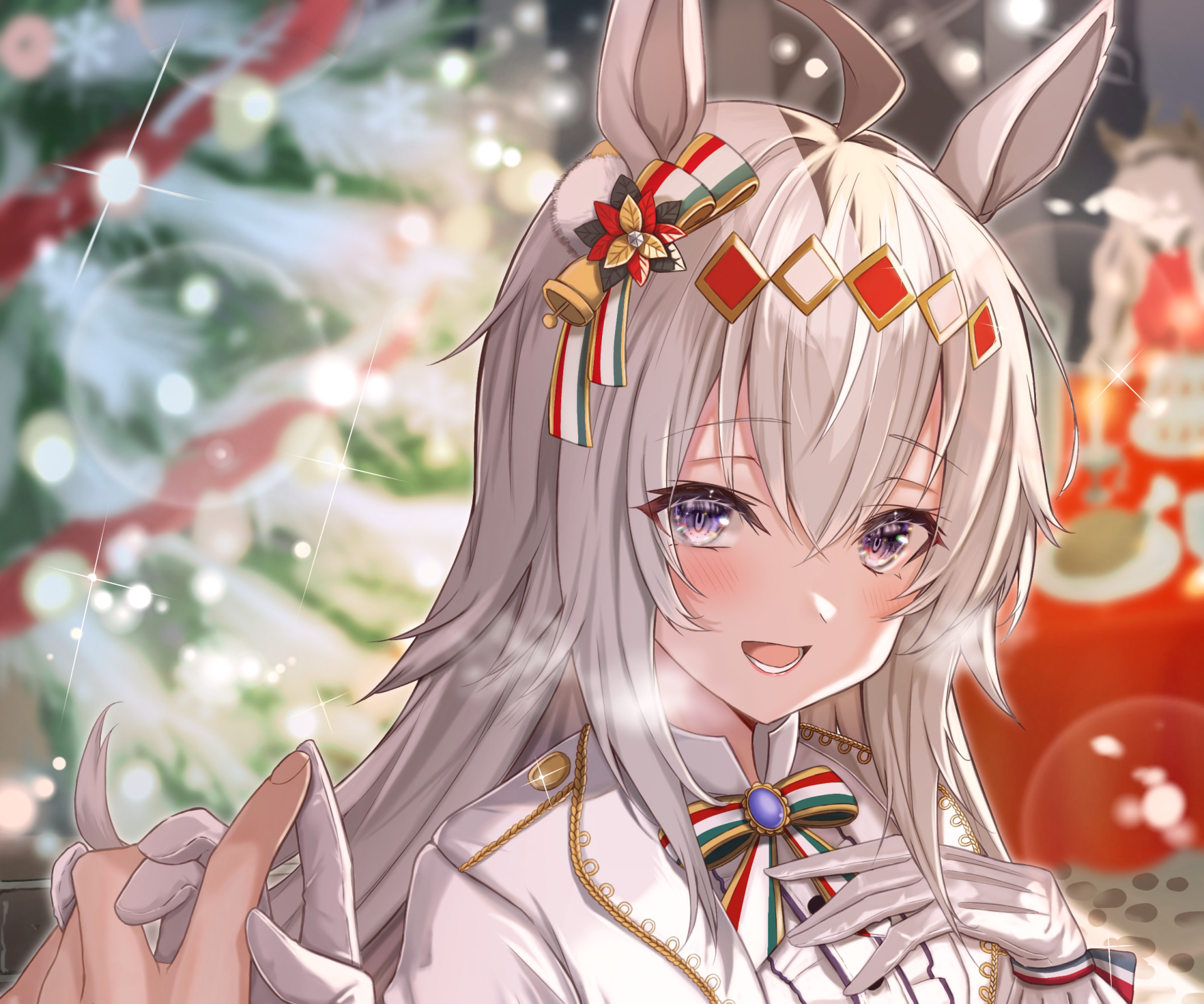 HD PC wallpaper of Oguri Cap (Uma Musume), Anime from Uma Musume: Pretty Derby — smiling girl with horse ears, festive lights and soft bokeh background.