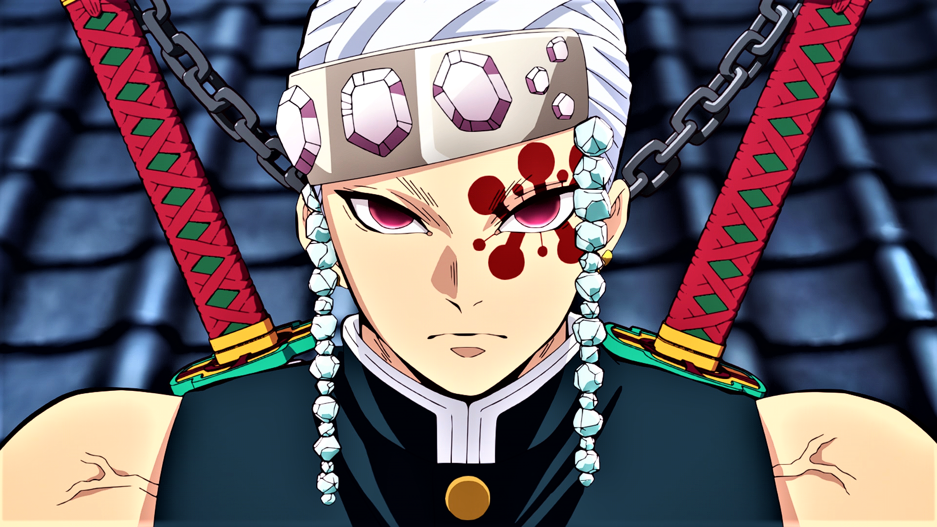 HD PC desktop wallpaper featuring Tengen Uzui from the anime Demon Slayer: Kimetsu no Yaiba, showcasing his intense gaze and dual swords against a dark tiled background.