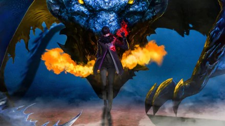 Anime-style fantasy scene depicting a character facing a massive dragon, rendered in vivid detail for a 4K Ultra HD PC desktop wallpaper background.