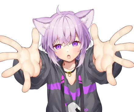 HD PC desktop wallpaper featuring Nekomata Okayu, a purple-haired anime-style virtual YouTuber from hololive, reaching forward with expressive eyes and cat ears.