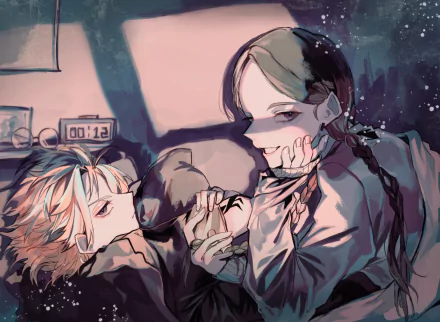 HD anime desktop wallpaper featuring Rindo Haitani and Ran Haitani from Tokyo Revengers in a close, moody scene with dark, atmospheric lighting.