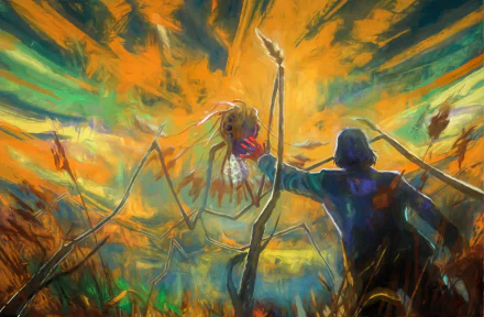 HD PC desktop wallpaper featuring vibrant, surreal artwork from the video game Disco Elysium with intense colors and dynamic character silhouettes.