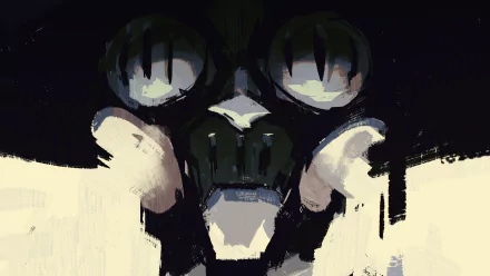 Disco Elysium video game art: dark, painterly skull/gasmask with glowing lenses and bold brushstrokes — 4K Ultra HD PC desktop wallpaper/background.