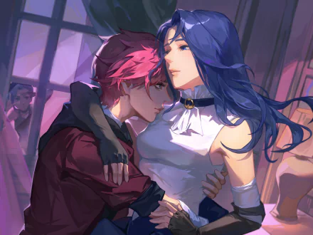 HD PC desktop wallpaper of Caitlyn and Vi from League of Legends and Arcane, with a soft, intimate moment captured in a vibrant, animated TV show style.