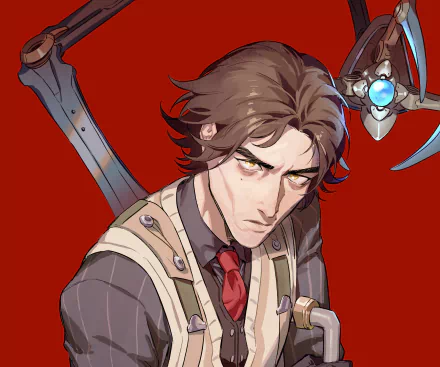 HD PC desktop wallpaper featuring Viktor from the TV show Arcane, showcasing the character in detailed animated style against a red background.