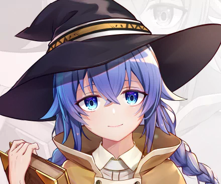 HD anime wallpaper featuring Roxy Migurdia from Mushoku Tensei: Jobless Reincarnation, showcasing her blue hair, bright eyes, and iconic witch hat.