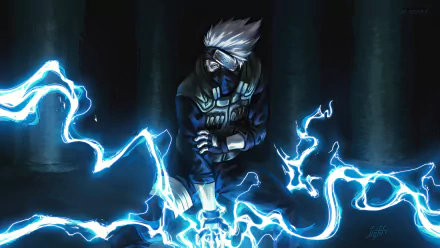 Kakashi Hatake from Naruto unleashes Chidori, captured in a dynamic 4K Ultra HD anime wallpaper with electric blue energy against a dark background.