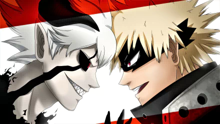 4K Ultra HD PC desktop wallpaper and background: Katsuki Bakugou (My Hero Academia) faces Liebe (Black Clover) in a fierce anime close-up with striking red, black and white contrast.