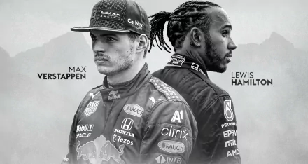HD PC desktop wallpaper: monochrome sports portrait of two Formula 1 drivers back-to-back in racing suits with visible team logos — dynamic F1 background for desktop.
