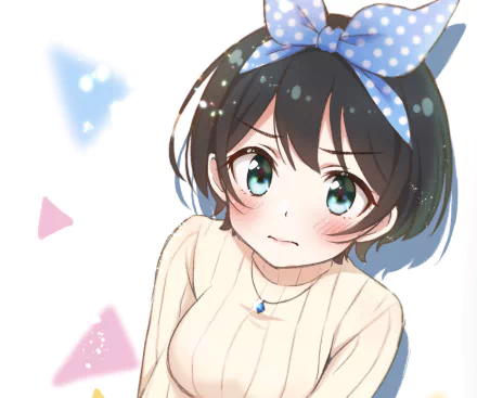 HD anime desktop wallpaper featuring Ruka Sarashina from Rent-A-Girlfriend, showcasing her with a shy expression and a blue polka-dot headband.