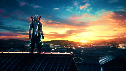 HD desktop wallpaper featuring Tengen Uzui from the anime Demon Slayer: Kimetsu no Yaiba, standing on a rooftop overlooking a city at sunset.