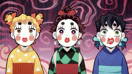 4K Ultra HD desktop wallpaper featuring Zenitsu Agatsuma, Inosuke Hashibira, and Tanjiro Kamado from the anime Demon Slayer: Kimetsu no Yaiba with stylized faces.