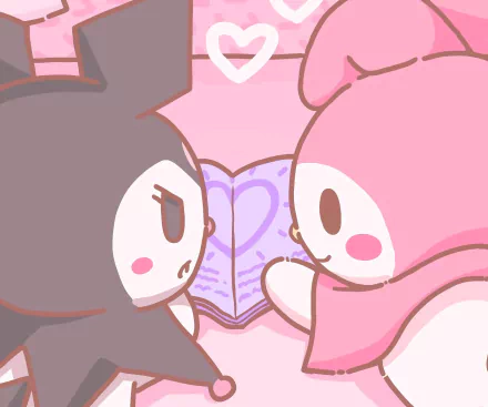 HD PC desktop wallpaper featuring anime characters My Melody and Kuromi from Onegai My Melody, set against a pink background with a heart motif.