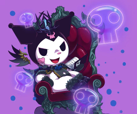 HD PC desktop wallpaper featuring Kuromi from Onegai My Melody in an anime style, seated on a dark throne with glowing skull motifs against a purple background.