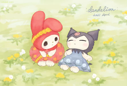 HD anime desktop wallpaper featuring My Melody and Kuromi from Onegai My Melody, set in a soft, pastel floral field with a gentle, whimsical atmosphere.