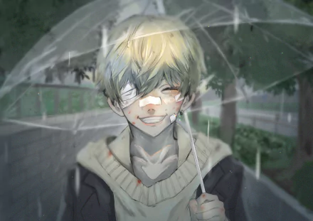 HD anime wallpaper of Chifuyu Matsuno from Tokyo Revengers, smiling under a transparent umbrella in a rainy, urban setting.