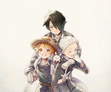 Emma, Norman, and Ray from The Promised Neverland in an anime-style portrait, smiling together with soft tones — 2K Quad HD PC desktop wallpaper/background.