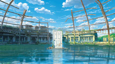 A serene HD anime wallpaper from Suzume no Tojimari portrays a mysterious white door in the middle of a tranquil water-covered area, with blue skies and partially ruined structures in the background.
