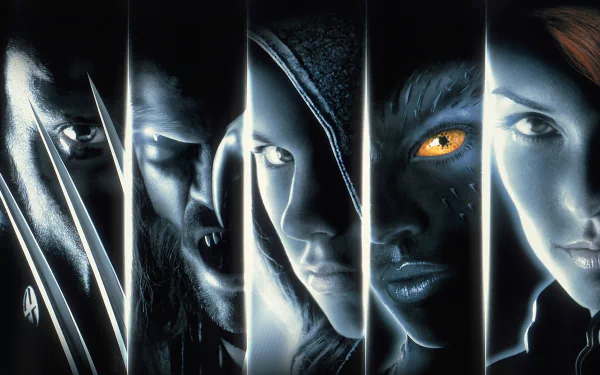 HD PC desktop wallpaper featuring close-up portraits of Marvel's X-Men characters Jean Grey, Sabertooth, Rogue, Wolverine, and Mystique from the X-Men movie series.