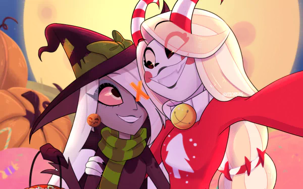 HD desktop wallpaper featuring Vaggie and Charlie Morningstar from the TV show Hazbin Hotel in a warm, Halloween-themed setting.