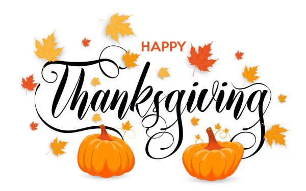 HD PC desktop wallpaper background: Happy Thanksgiving in script with two pumpkins and falling orange and yellow autumn leaves — a Thanksgiving holiday design.