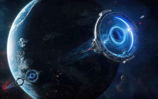 A Sci-Fi space station orbits a detailed planet in this stunning 4K Ultra HD desktop wallpaper, showcasing futuristic technology and cosmic scenery.