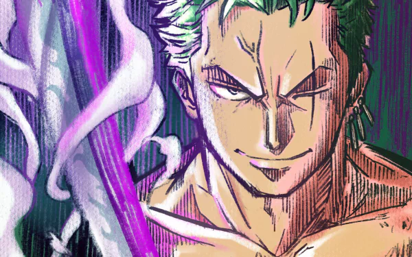 HD anime desktop wallpaper featuring Roronoa Zoro from One Piece: Two Years Later, showcasing his intense expression and signature swords.