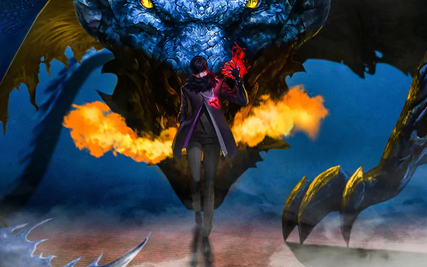 Anime-style fantasy scene depicting a character facing a massive dragon, rendered in vivid detail for a 4K Ultra HD PC desktop wallpaper background.