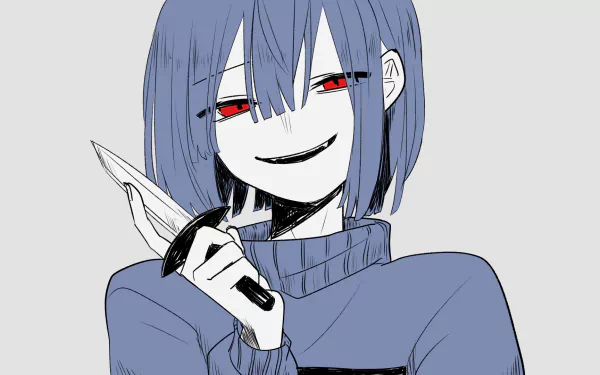 HD PC desktop wallpaper of Chara (Undertale): blue-haired, red-eyed smirk while holding a knife — moody video game background.