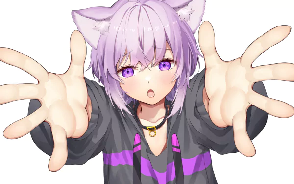 HD PC desktop wallpaper featuring Nekomata Okayu, a purple-haired anime-style virtual YouTuber from hololive, reaching forward with expressive eyes and cat ears.